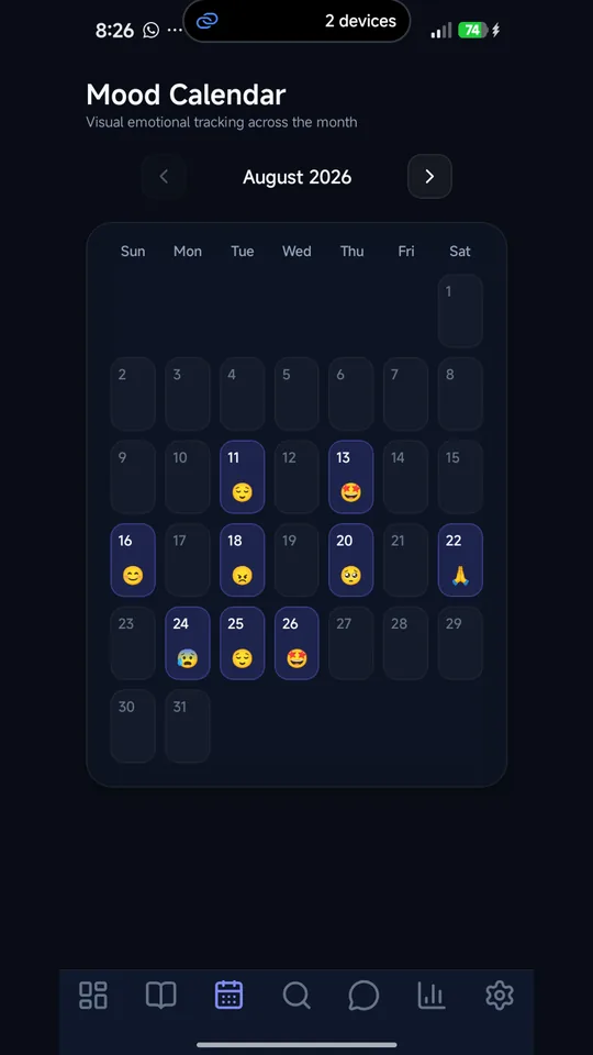 Calendar view with entries colour-coded by mood